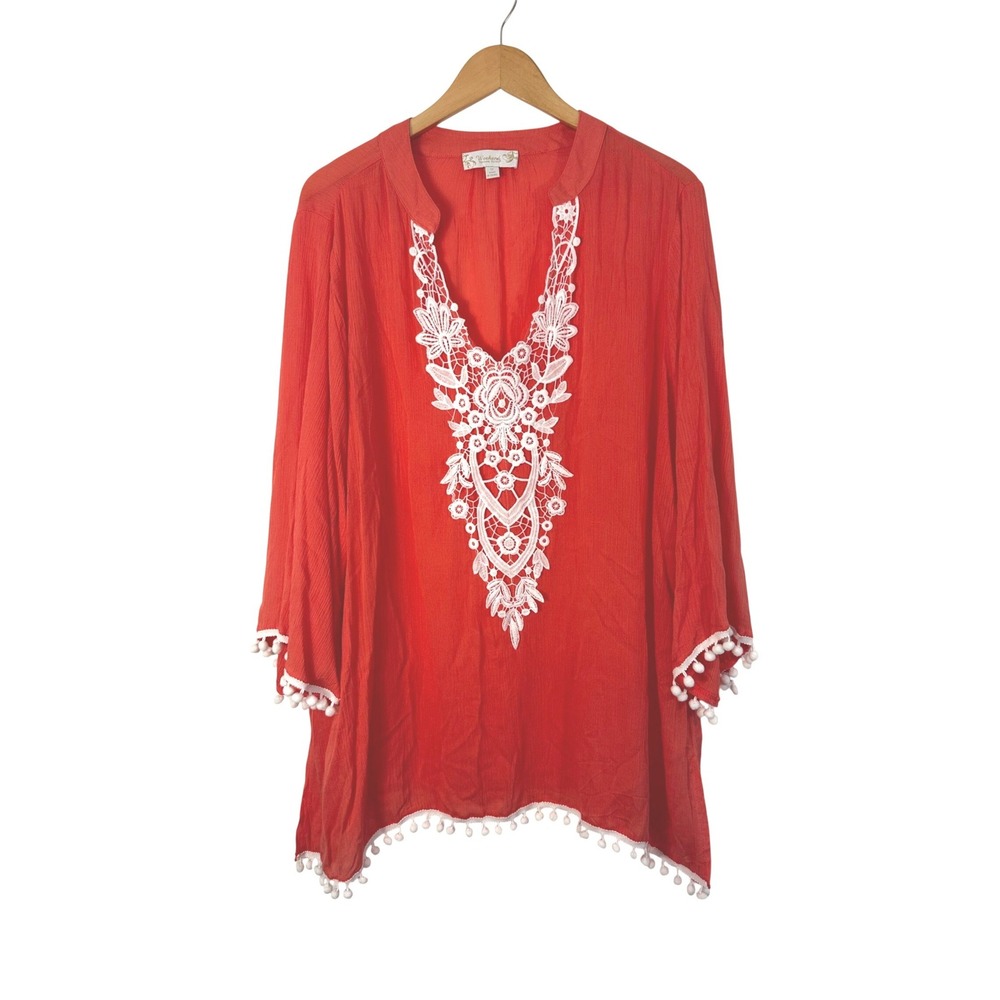 Suzanne Betro Weekend Tunic Top Womens 1X Boho Orange White Lace Bobble Hem